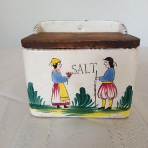VINTAGE CERAMIC AND WOOD WALL HANGING SALT HOLDER
